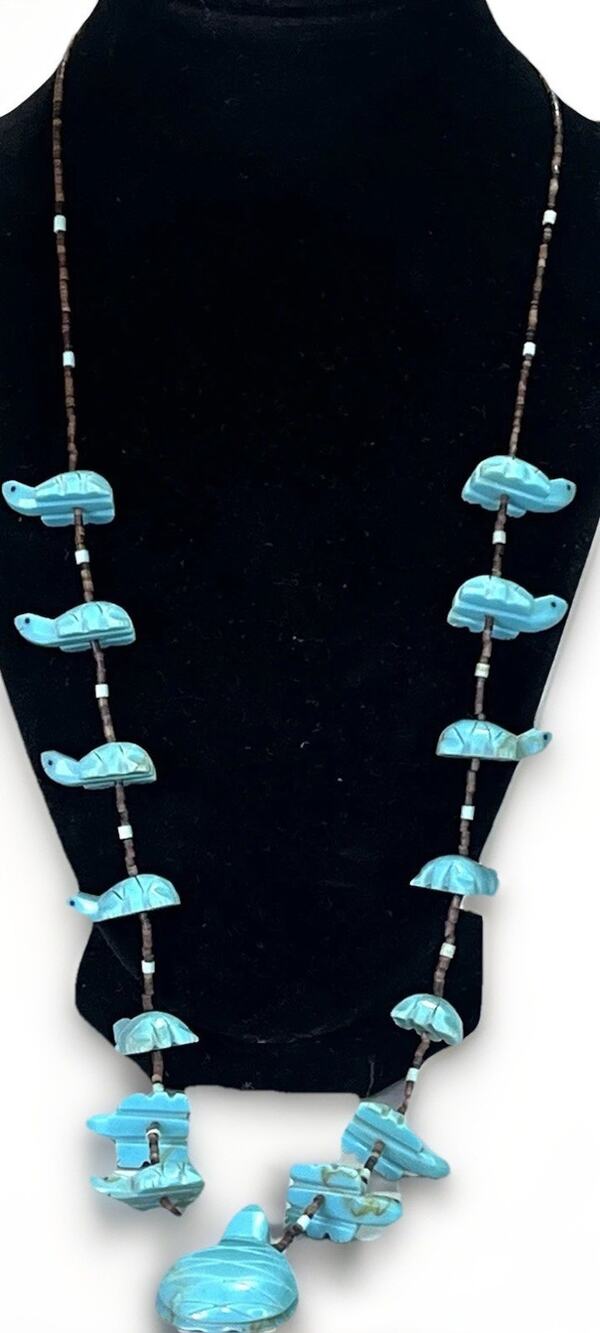 Native American Zuni Turquoise Turtle Multi Animal Fetish Heishi Shell Necklace